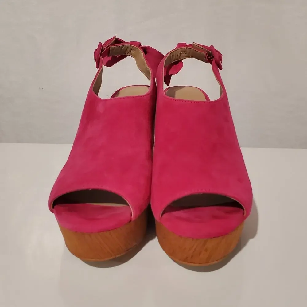 Anthropologie Bow Back Suede Leather Wood Wedge Sandal Size 6M Hot Pink Open Toe